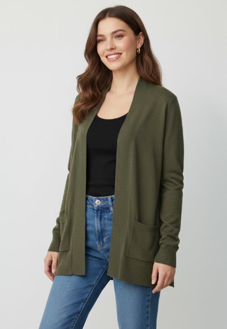 Pink Clover Open Front Fine Knit Cardigan Sweater Army Green Womens XSmall NEW